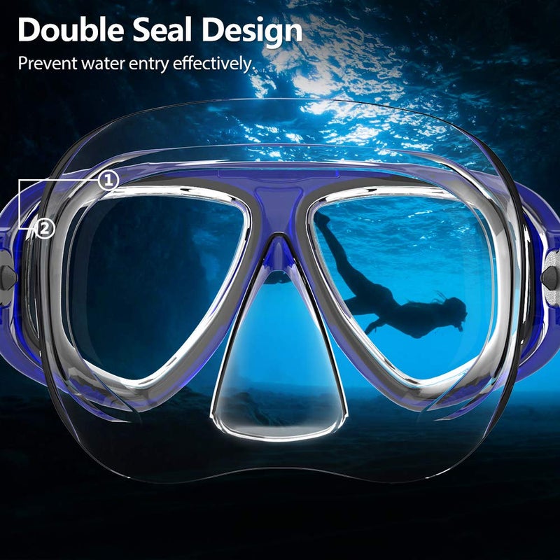 COPOZZ Youth Scuba Mask, Low Volume No Fogging Snorkeling Dive Glasses, Tempered Glass, Blue, Adult, 2 Windows, Silicone Frame, Adjustable Silicone Strap - Image 4